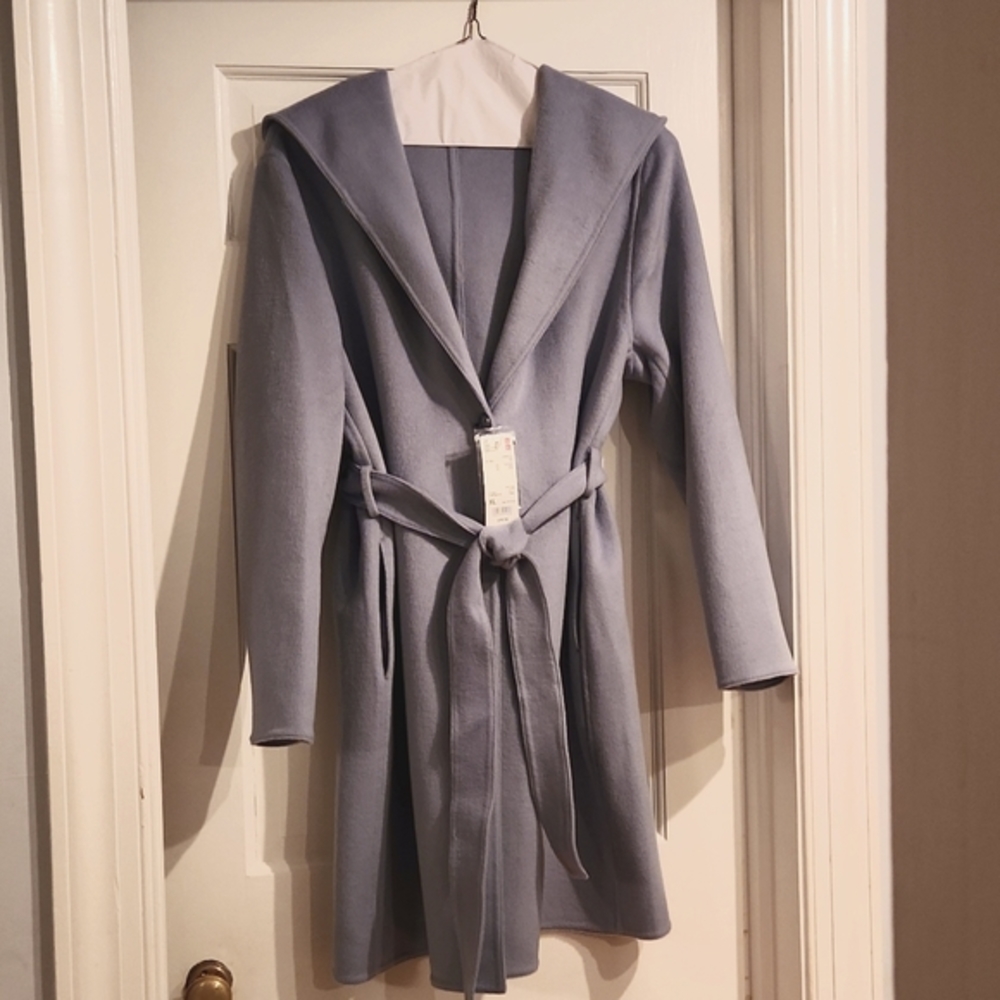 Uniqlo Women Blue Hooded Wool Blend Light Coat, Size XL